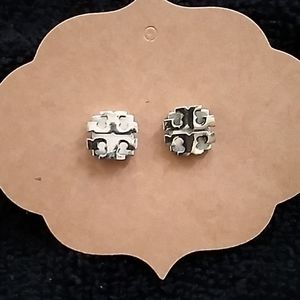 Tory Burch silver logo pierced stud earrings